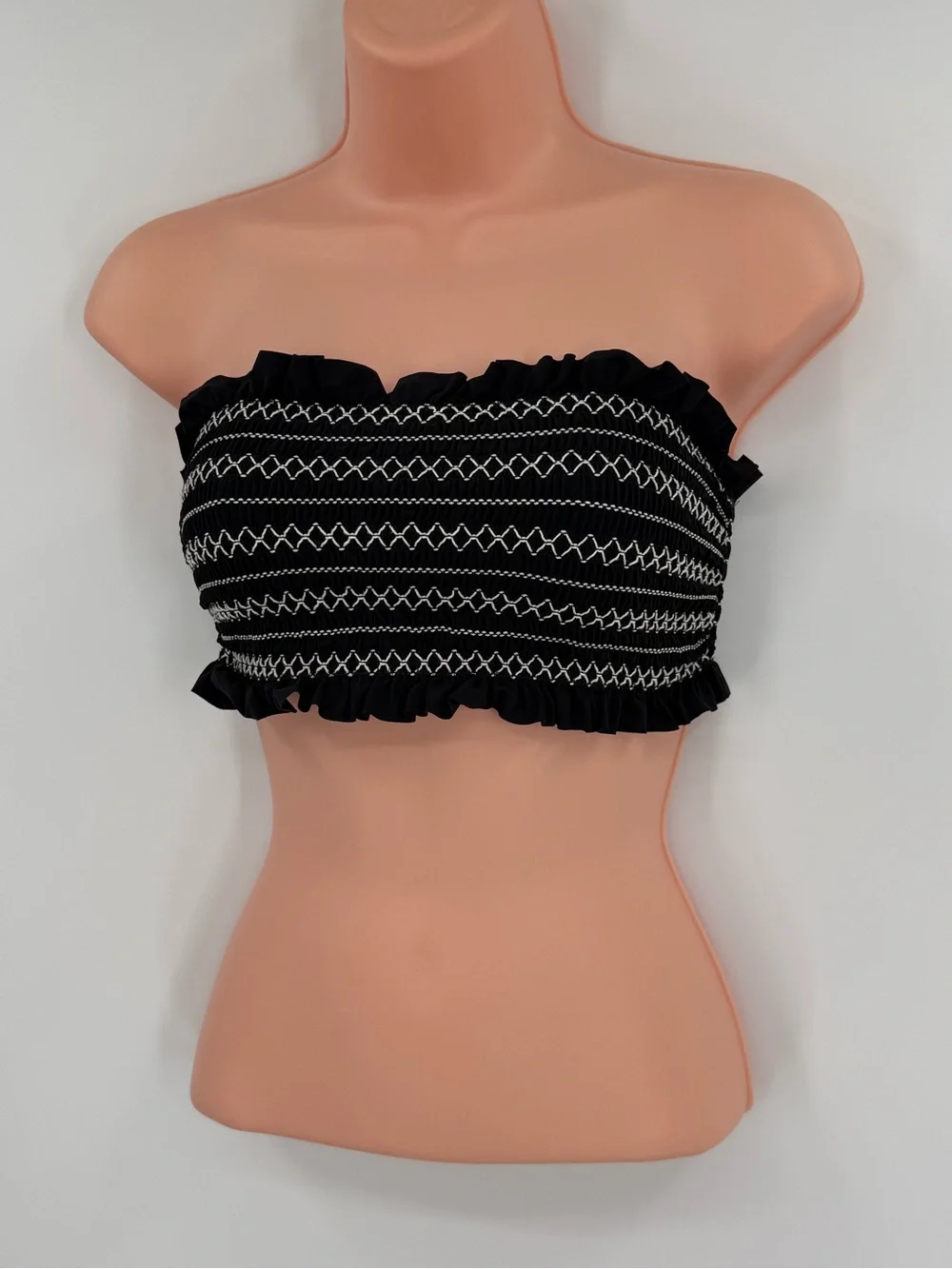 Tory Burch Costa Smocked Bandeau Bikini Top | Black New Ivory | Small